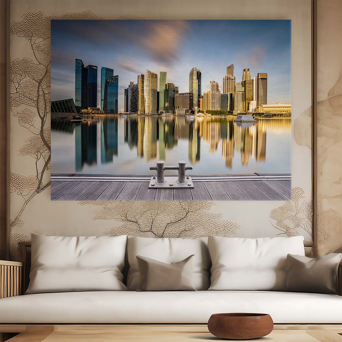 Singapore Sunrise Skyline Golden Marina Reflection Wall Art by Luxuriance Designs. Made in USA.