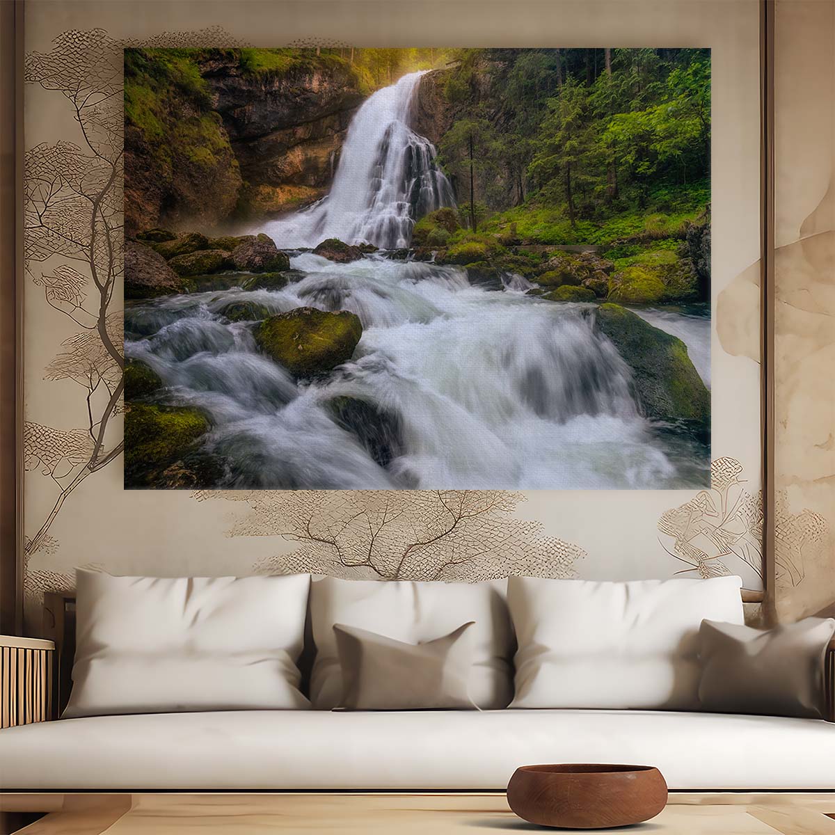 Majestic Golling Waterfall Forest Landscape Wall Art by Luxuriance Designs. Made in USA.