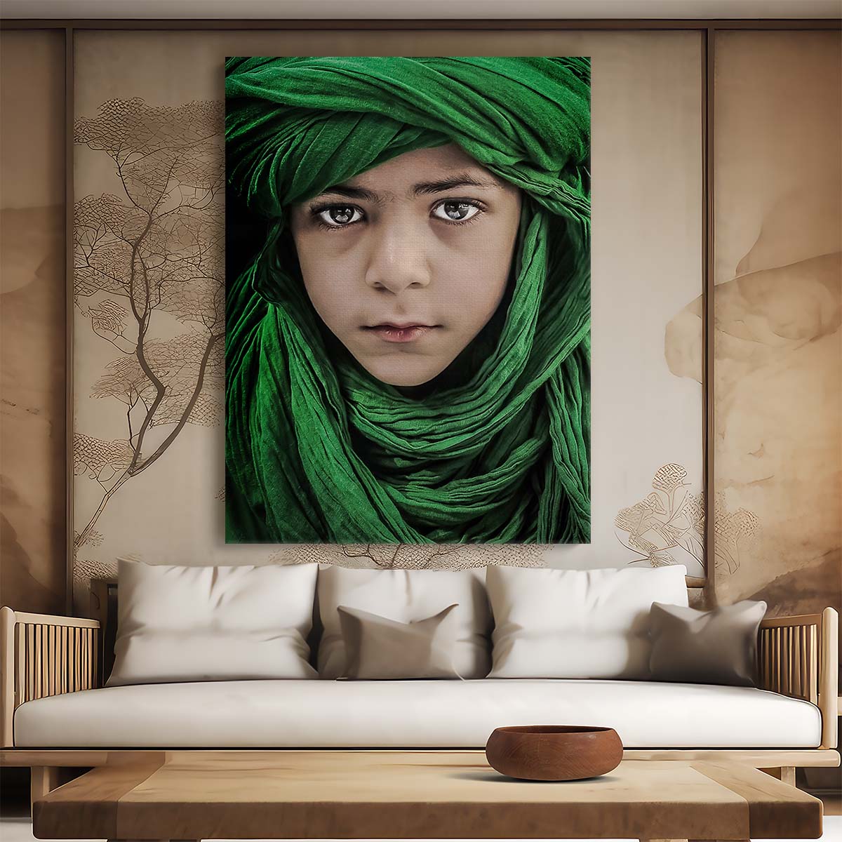 Green Turban Boy Portrait - Emotional Child Face Photography Art by Luxuriance Designs, made in USA
