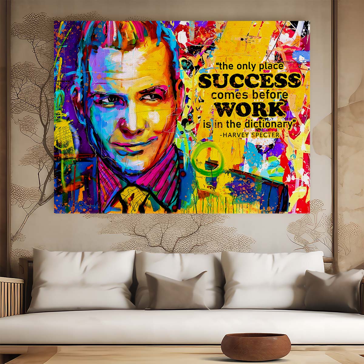 Harvey Specter Success Comes Before Work Quote Graffiti Wall Art by Luxuriance Designs. Made in USA.