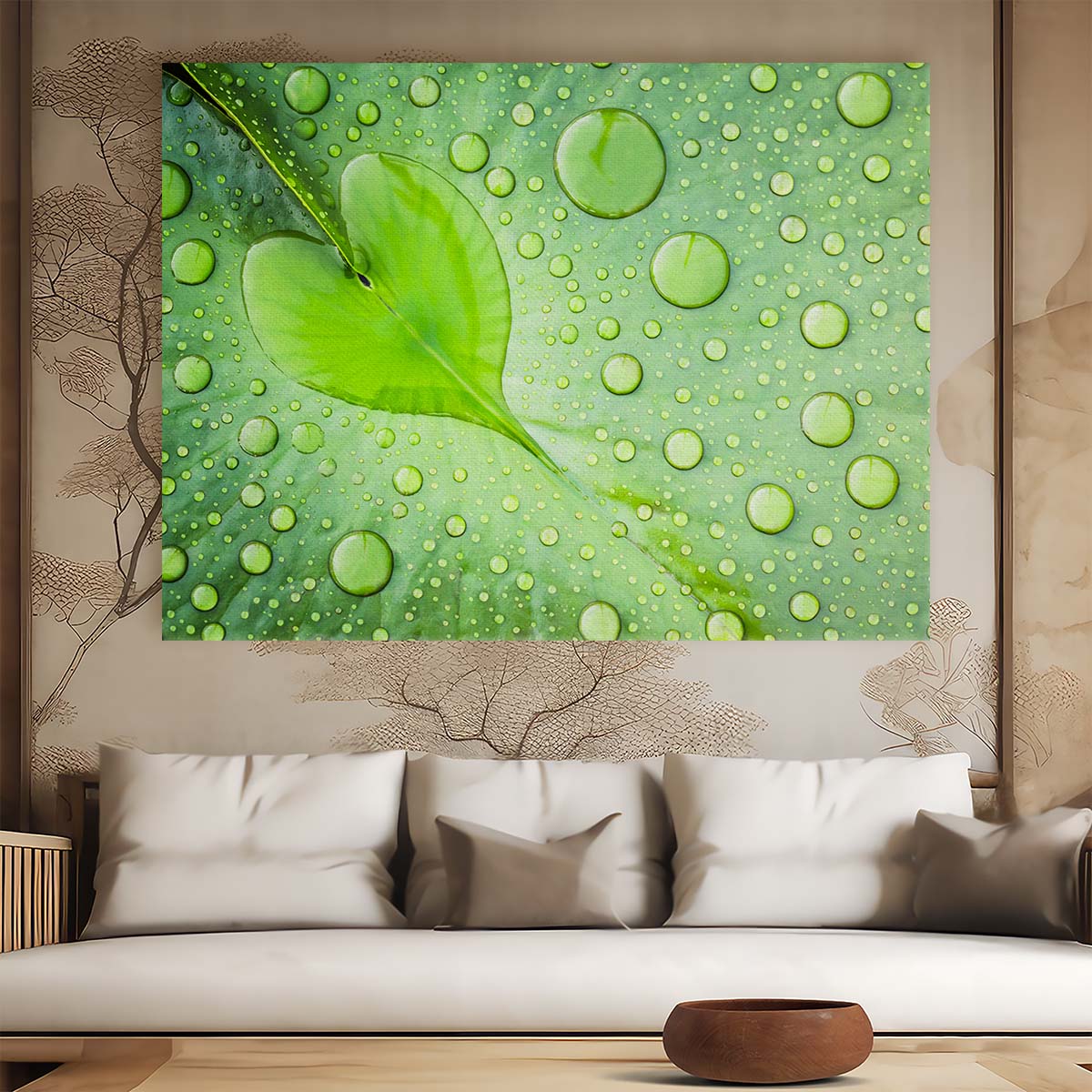 Romantic Green Leaf Heart & Water Droplets Wall Art by Luxuriance Designs. Made in USA.