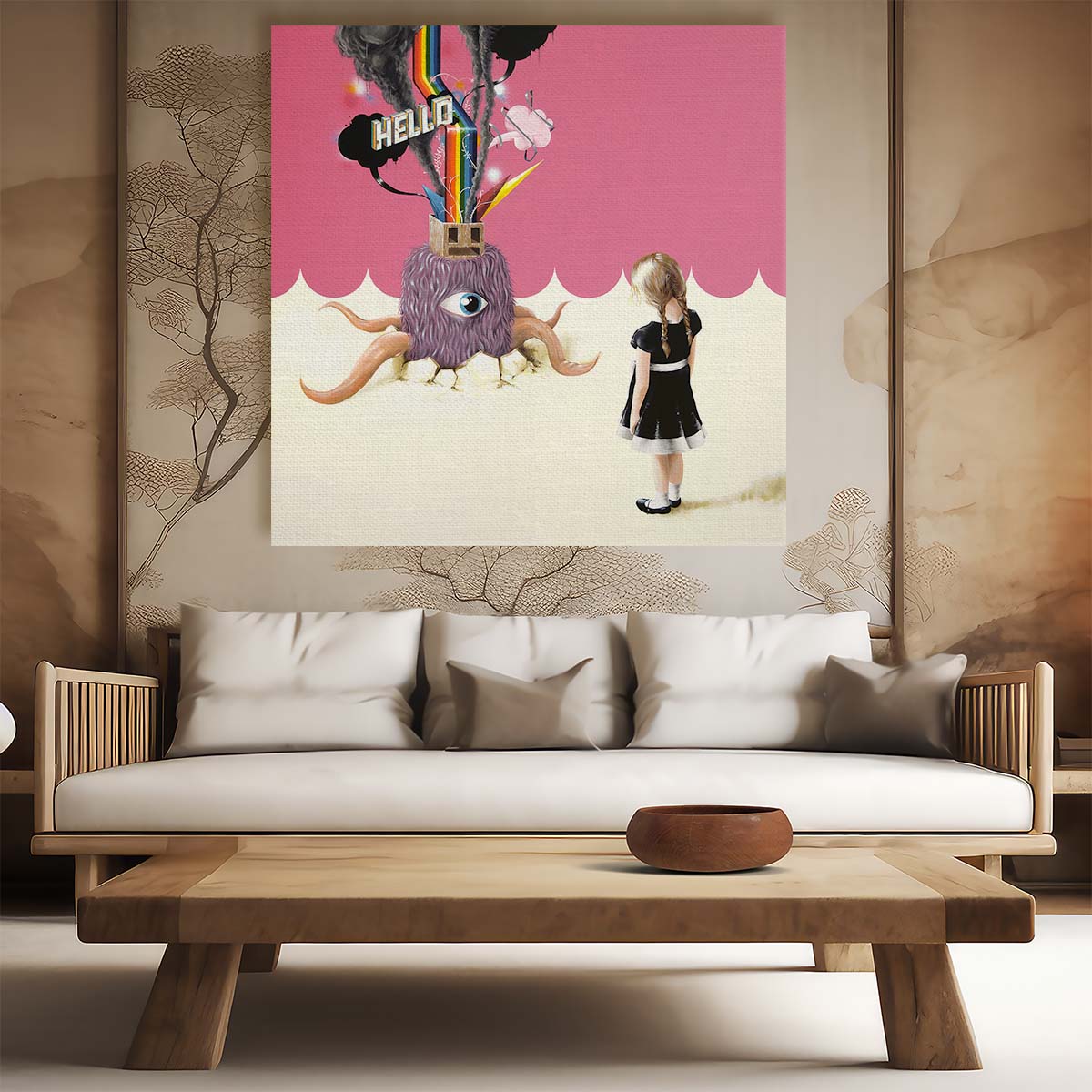 Surreal Colorful Illustration of Little Girl & Monster Wall Art by Luxuriance Designs. Made in USA.