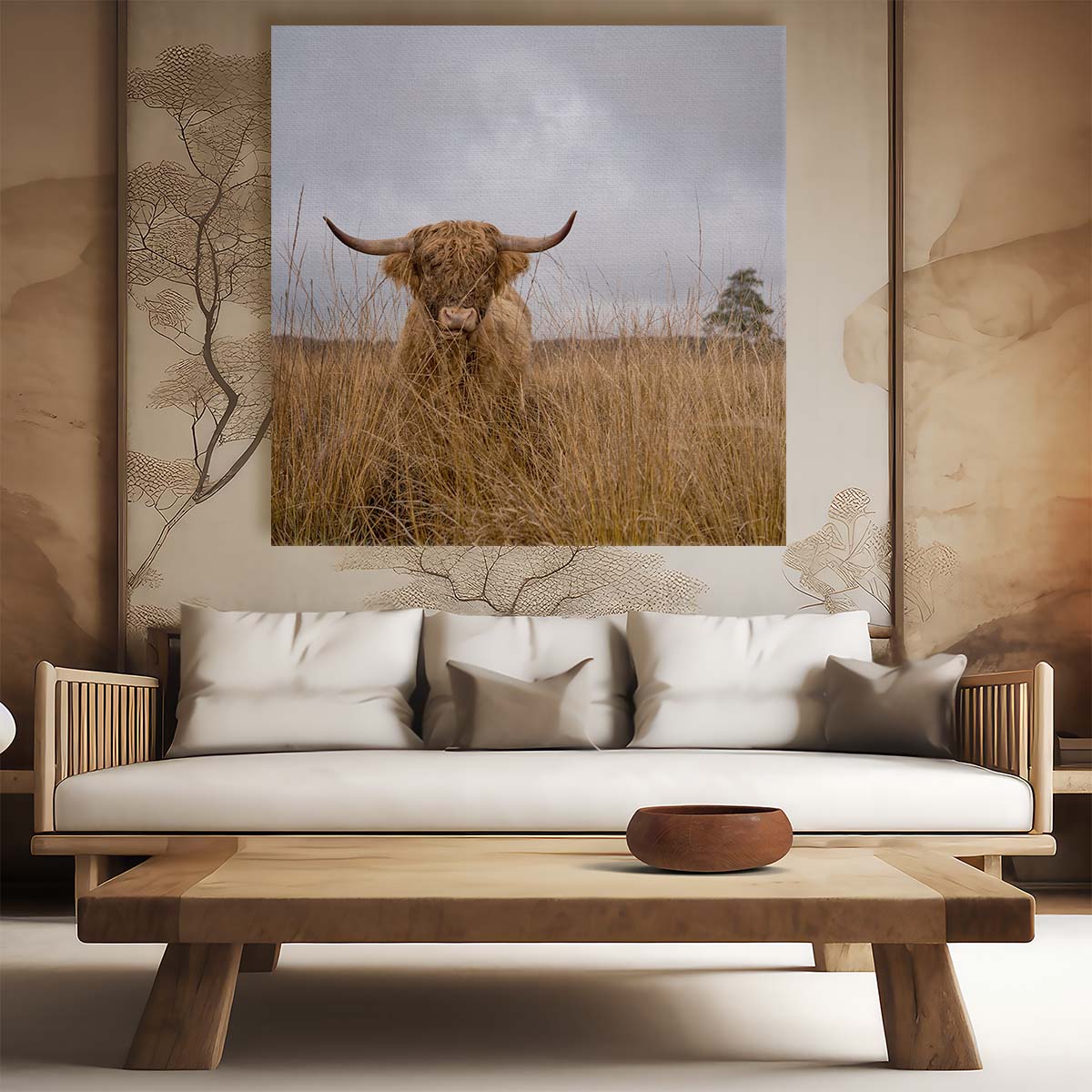 Rustic Farmhouse Highland Cow Landscape Photography Wall Art by Luxuriance Designs. Made in USA.