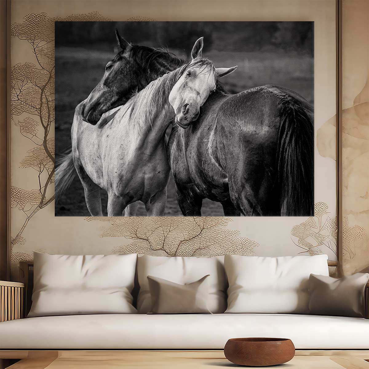 Embracing Horses in Rain Monochrome Equestrian Love Photography Wall Art