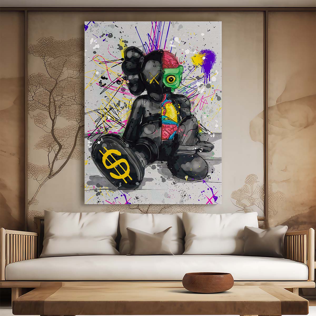 Hypebeast Black Kaws Graffiti Murakami Wall Art by Luxuriance Designs. Made in USA.