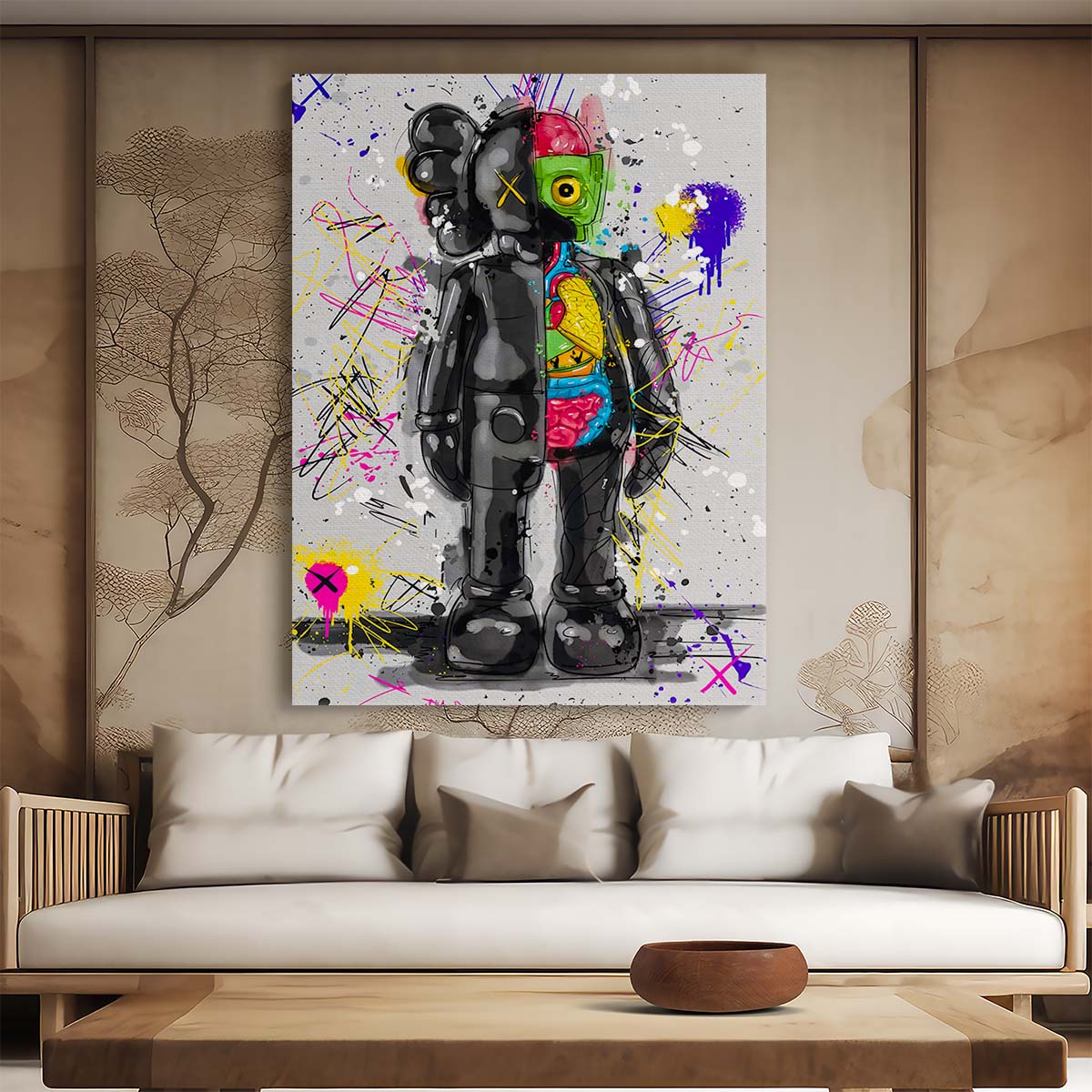 Hypebeast Standing Black Kaws Graffiti Murakami Style Wall Art by Luxuriance Designs. Made in USA.