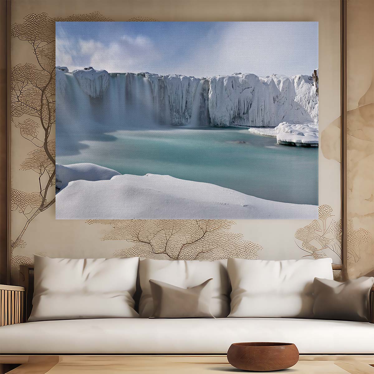 Icelandic Godafoss Frozen Waterfall Panoramic Wall Art by Luxuriance Designs. Made in USA.