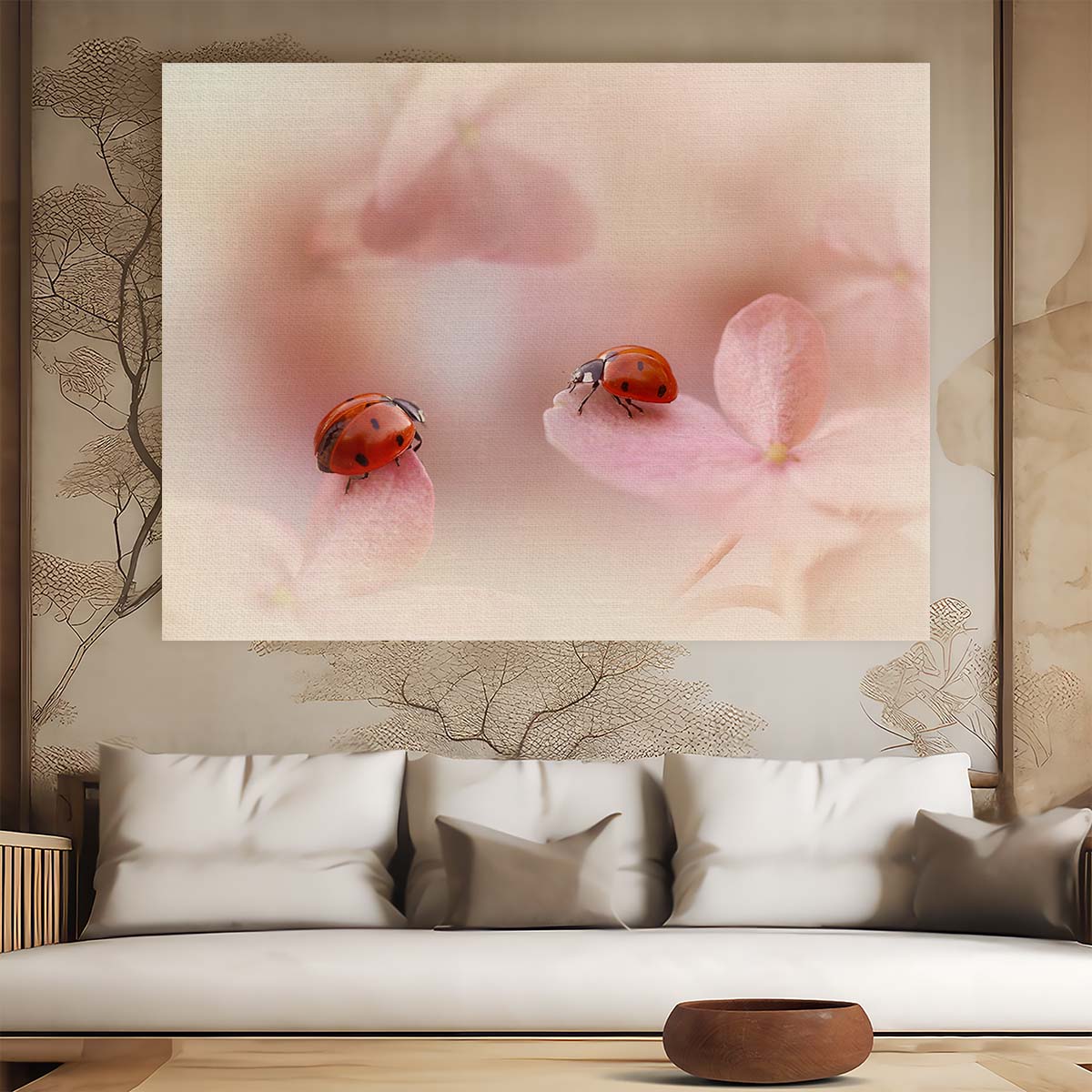Romantic Ladybirds & Pink Hydrangeas Macro Wall Art by Luxuriance Designs. Made in USA.