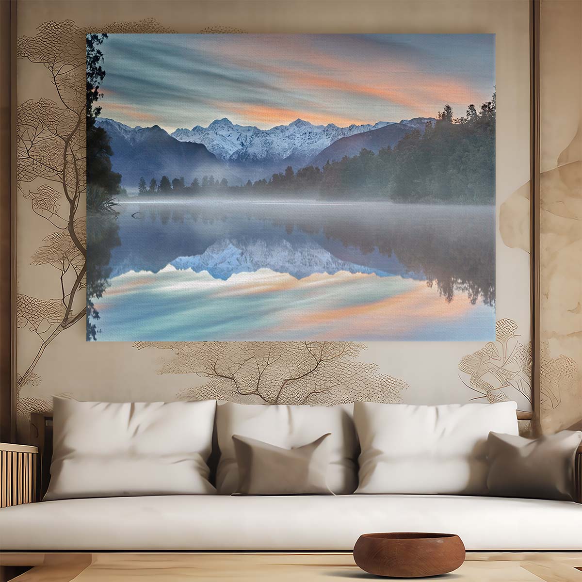 Serene Lake Matheson Reflection Sunrise Wall Art by Luxuriance Designs. Made in USA.