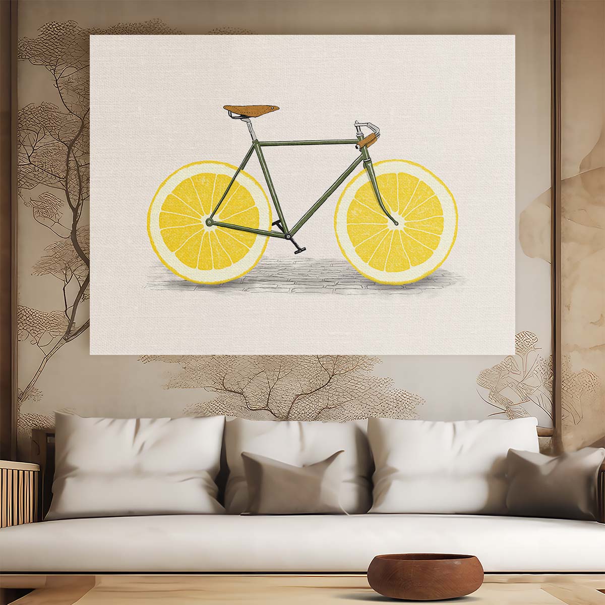 Colorful Lemon Bicycle Illustration Citrus Cycle Art Wall Art