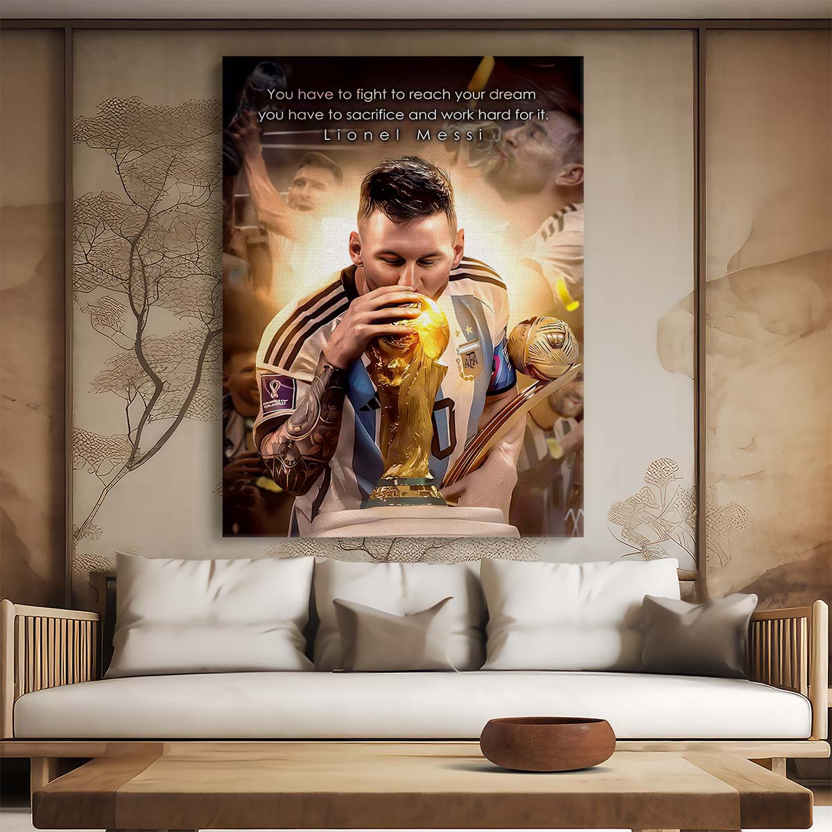 Leo Messi Kissing World Cup Trophy Wall Art by Luxuriance Designs. Made in USA.