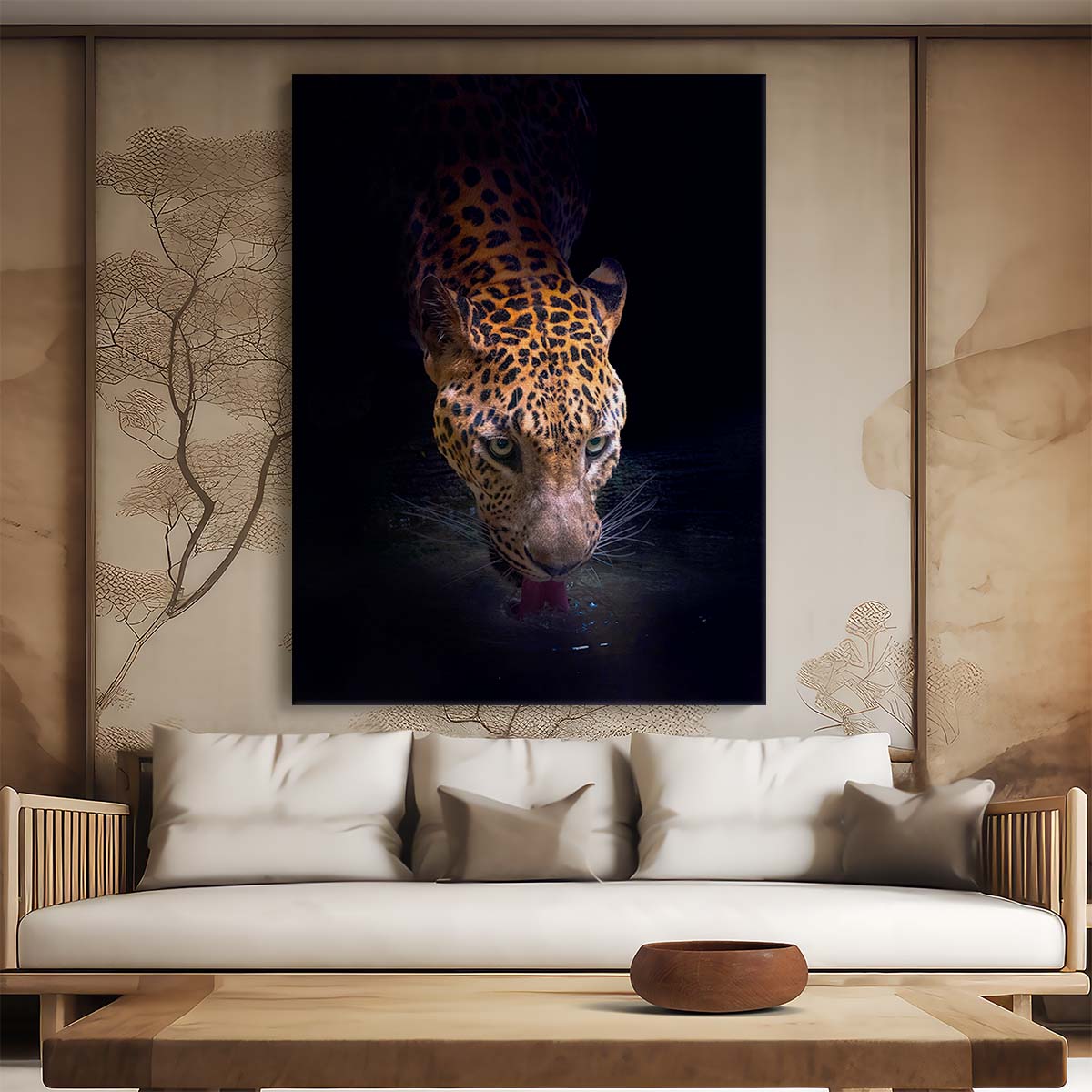 Thirsty Leopard at Waterhole - Dark, Wildlife Photography Art by Luxuriance Designs, made in USA
