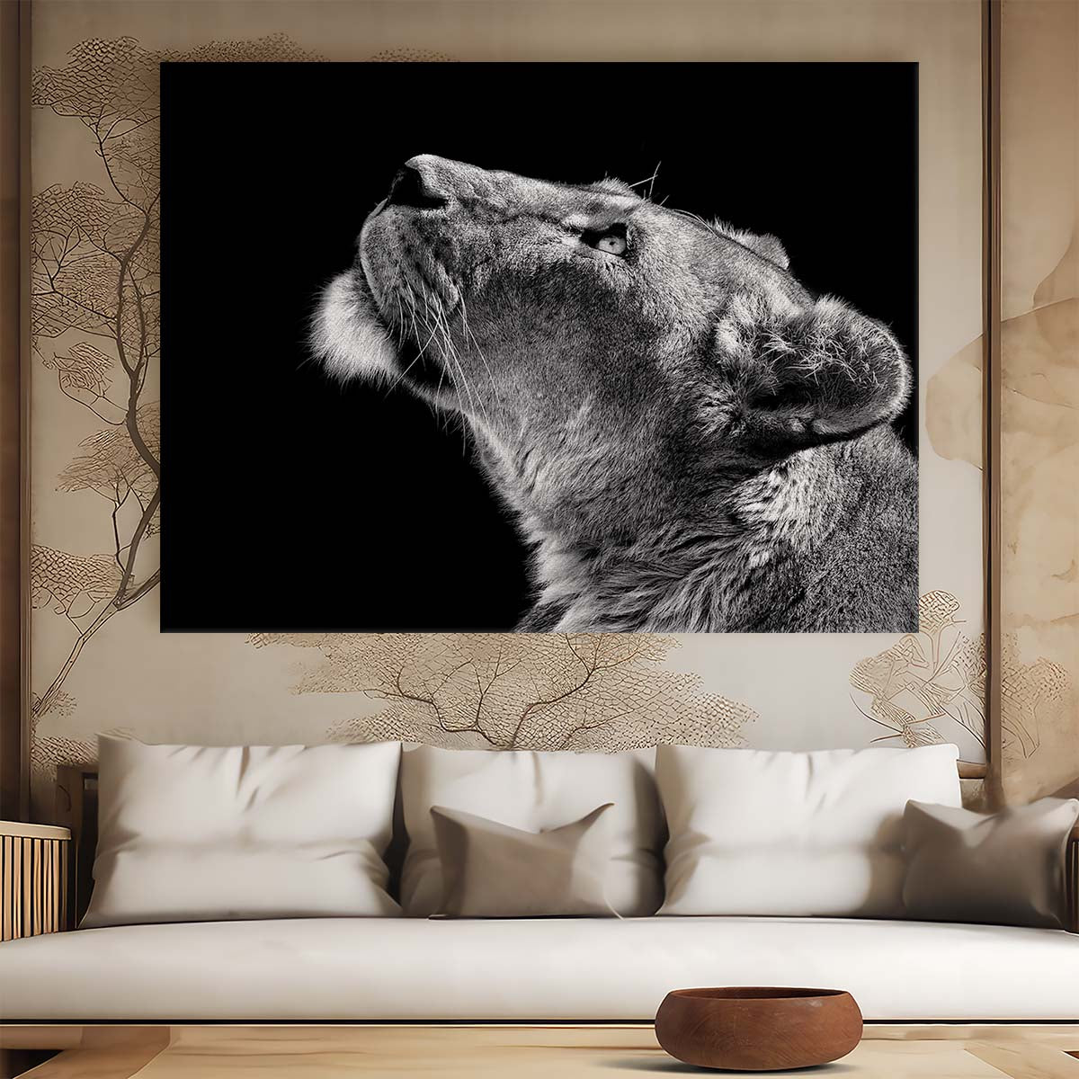 Lioness Profile in Monochrome Dark, Black and White Photography Wall Art