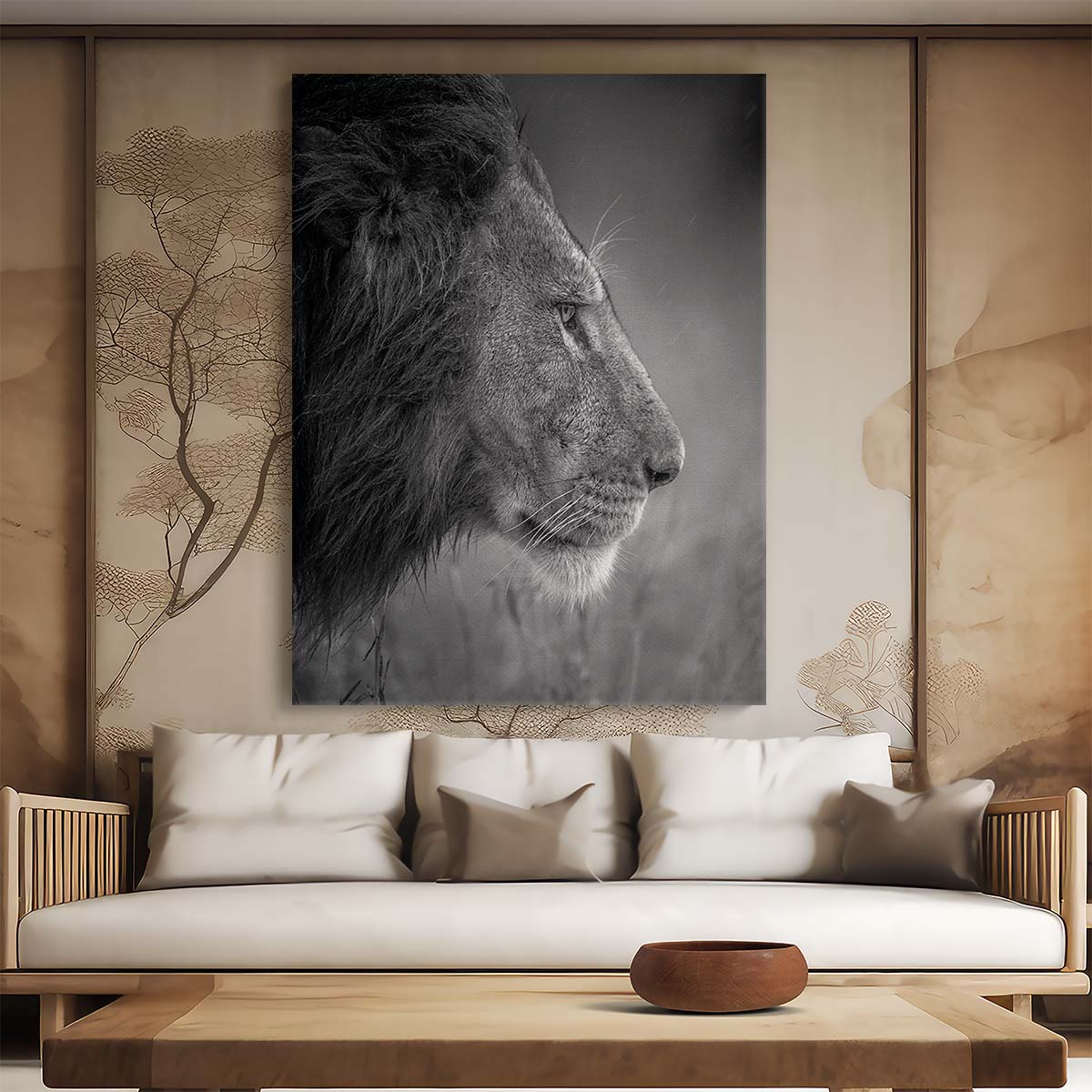 Kenyan Lion Close-Up, Monochrome Wildlife Photography in Rain by Luxuriance Designs, made in USA
