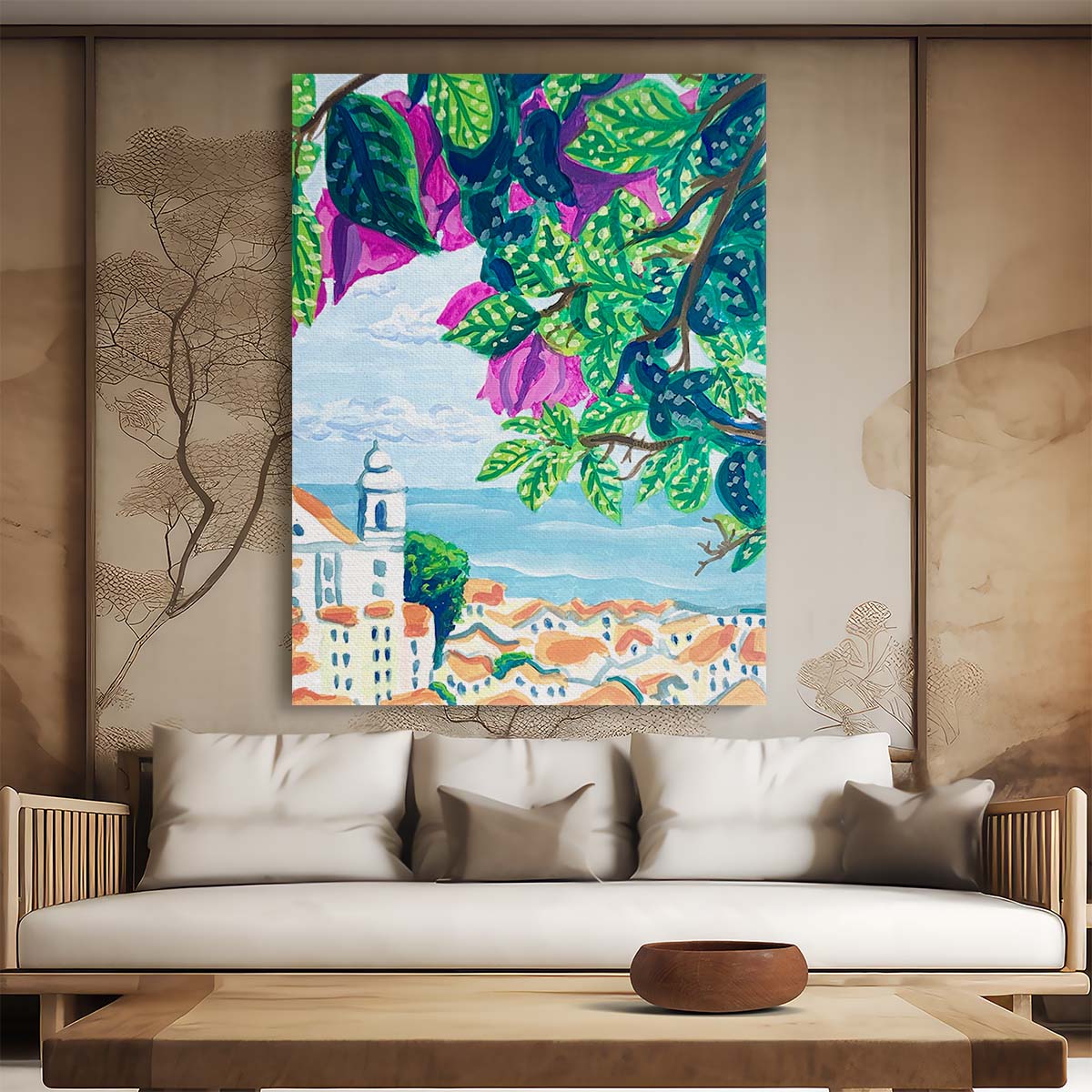 Vibrant Lisbon Cityscape Illustration Colorful Portugal Seascape Wall Art by Luxuriance Designs, made in USA