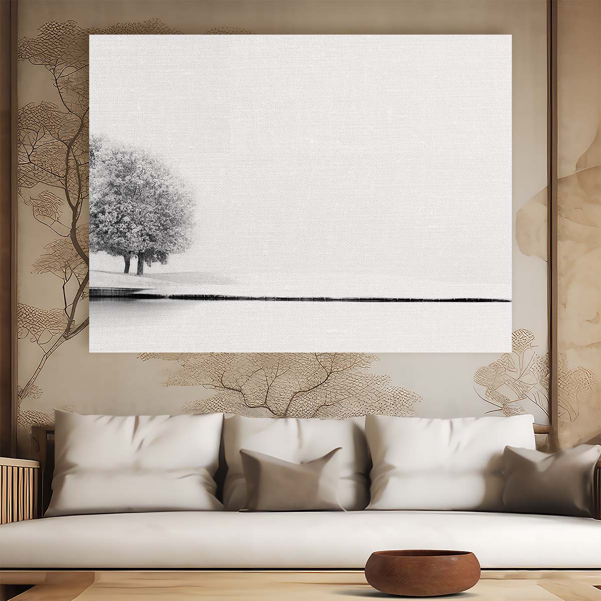 Minimalist Winter Snowscape Monochrome Lake Wall Art by Luxuriance Designs. Made in USA.