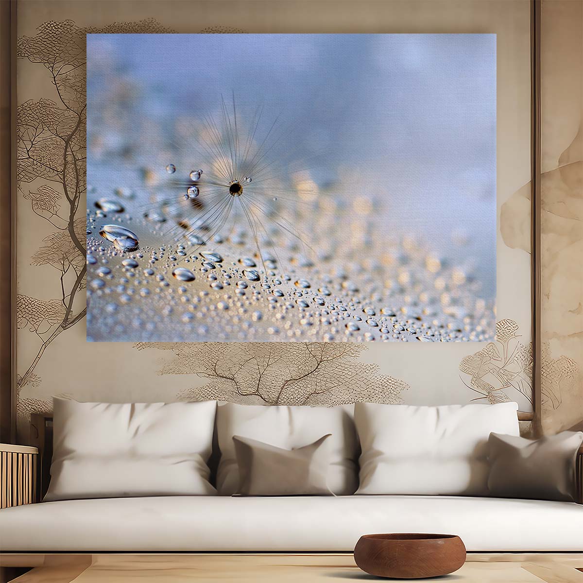 Delicate Feather & Seed Macro Droplets Wall Art by Luxuriance Designs. Made in USA.