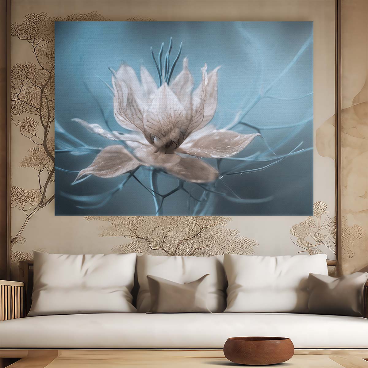 Delicate Blue & White Nigella Floral Macro Wall Art by Luxuriance Designs. Made in USA.