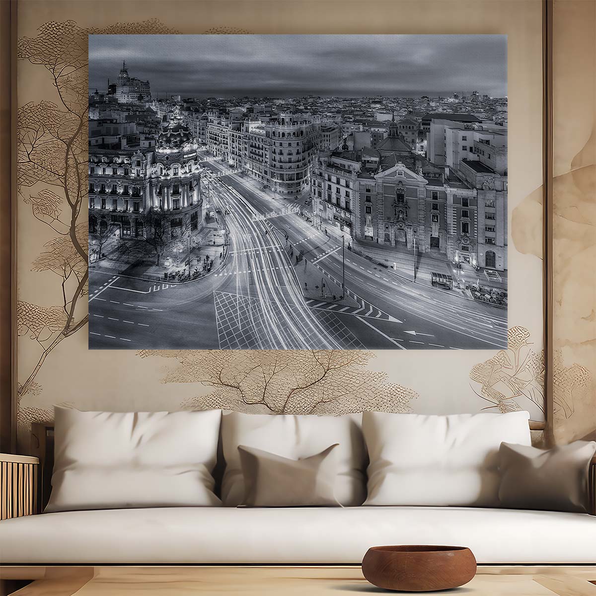 Madrid Nightscape Aerial Black & White Wall Art by Luxuriance Designs. Made in USA.