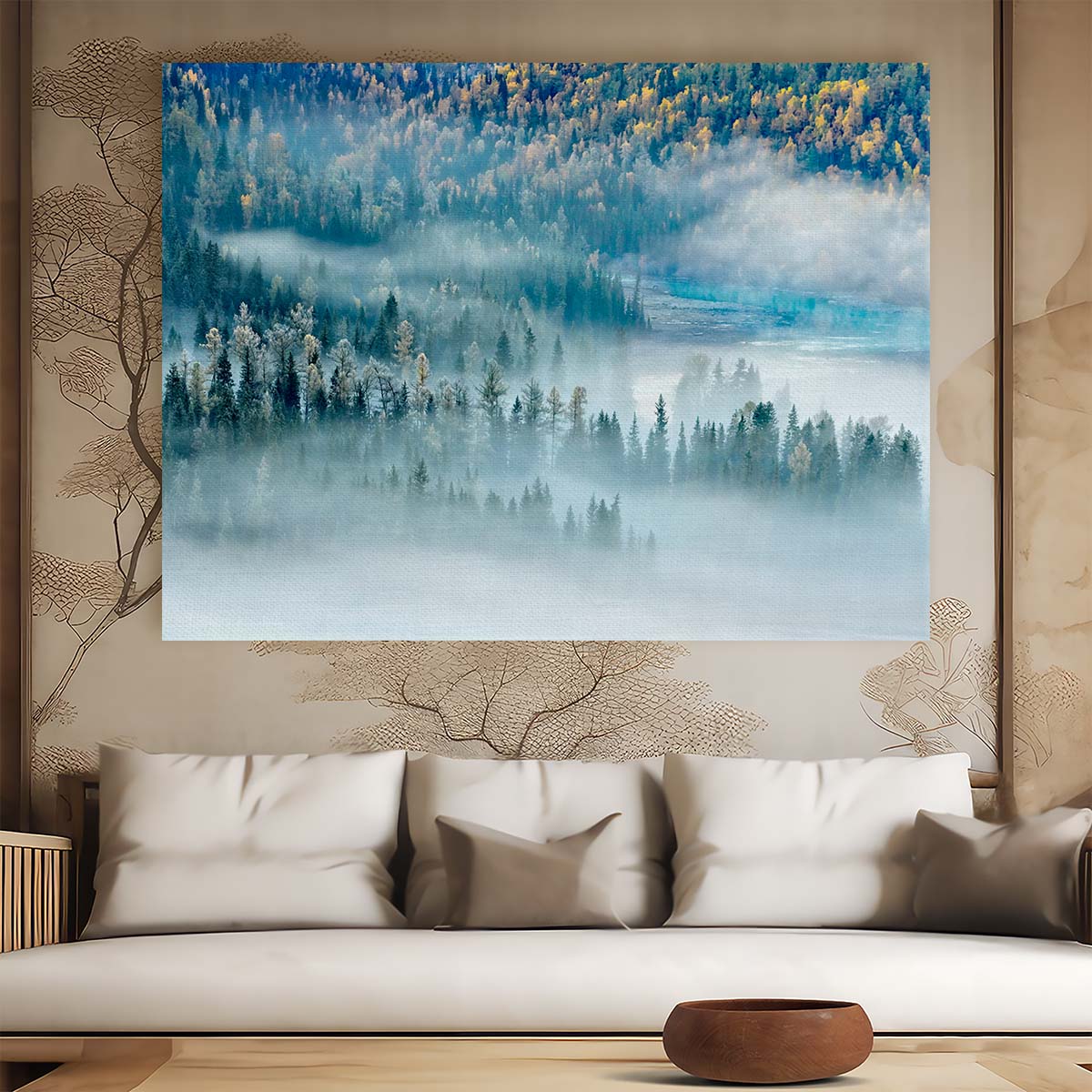Enchanted Xinjiang Forest Sunrise Mist Wall Art by Luxuriance Designs. Made in USA.