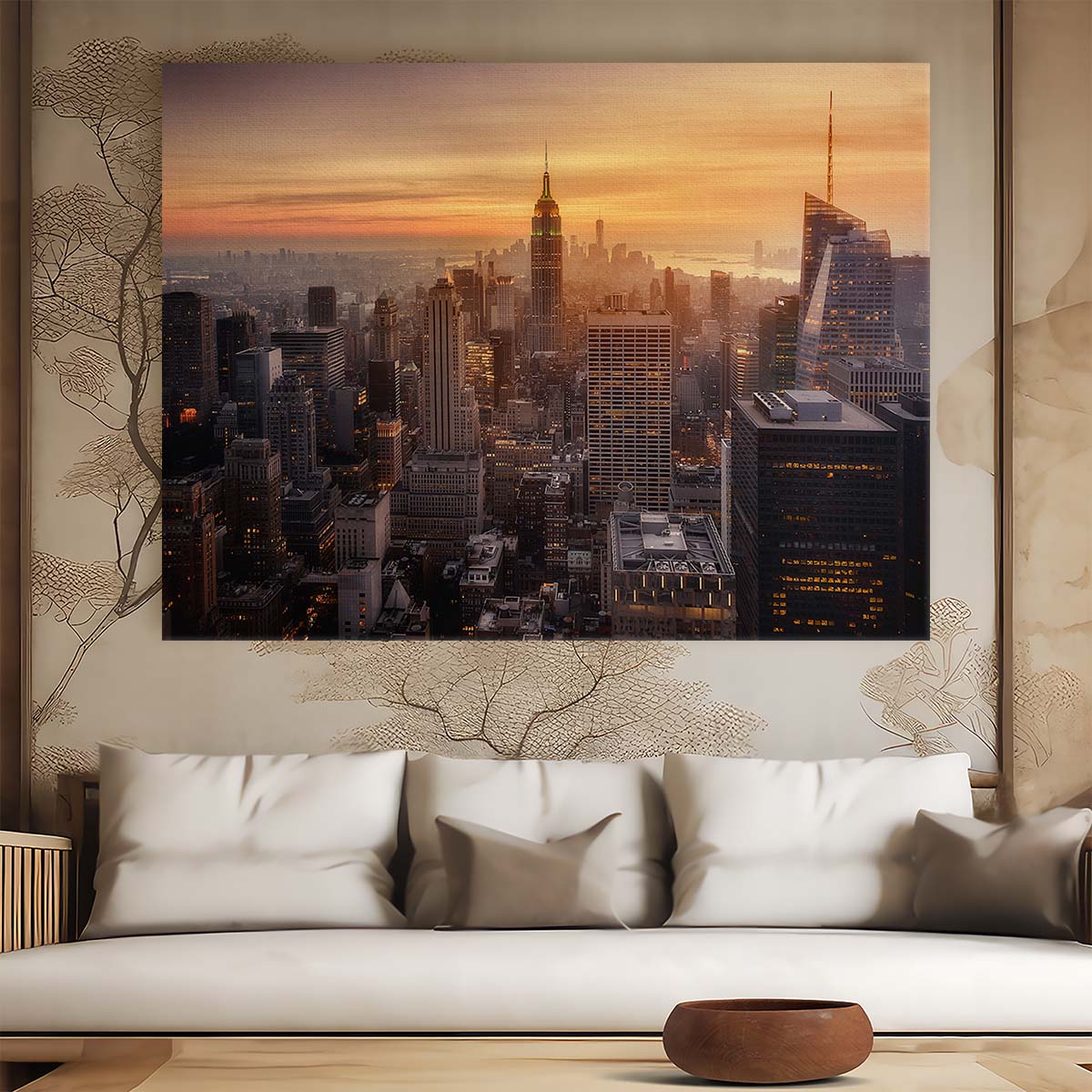 NYC Empire State Sunset Skyline Fine Art Wall Art by Luxuriance Designs. Made in USA.
