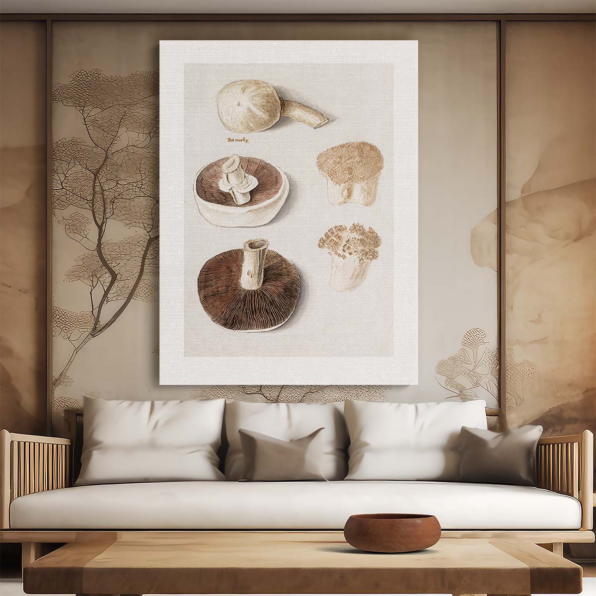 Vintage Botanical Meadow Mushroom Illustration with Gray and Beige Tones by Luxuriance Designs, made in USA