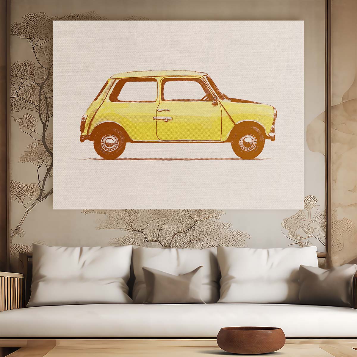 Vintage Classic Mini Mr. Bean's Yellow Car Wall Art by Luxuriance Designs. Made in USA.
