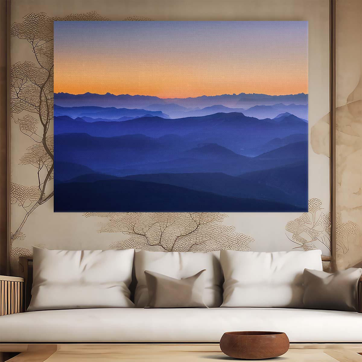 Misty Blue Mountain Layers Sunset View Wall Art by Luxuriance Designs. Made in USA.