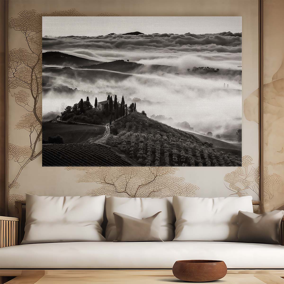 Dreamy Tuscany Morning Fog Landscape Wall Art by Luxuriance Designs. Made in USA.