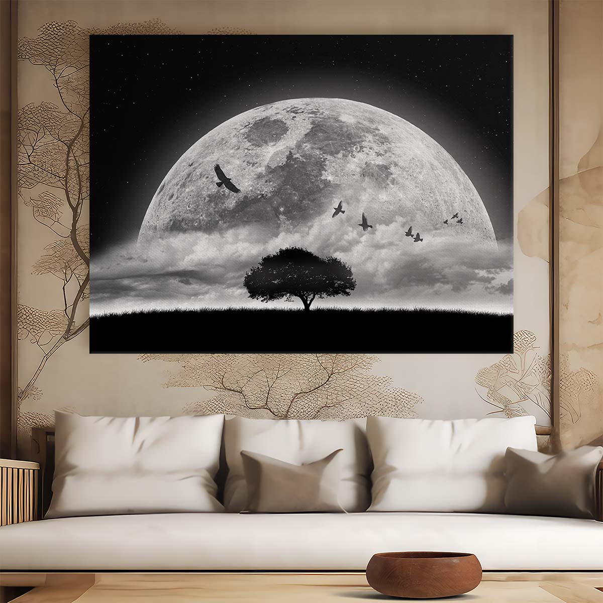 Surreal Moonlit Sky & Birds Montage Wall Art by Luxuriance Designs. Made in USA.