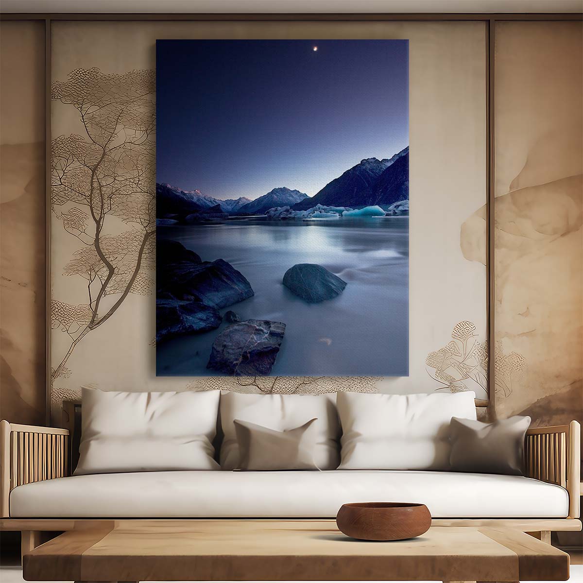 Blue Moonlit New Zealand Seascape Photography Serene Mountain and River Landscape by Luxuriance Designs, made in USA