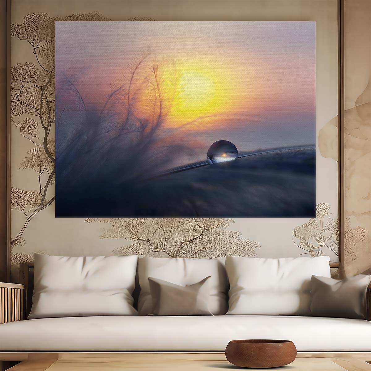 Delicate Dawn Feather & Dewdrop Sunrise Wall Art by Luxuriance Designs. Made in USA.