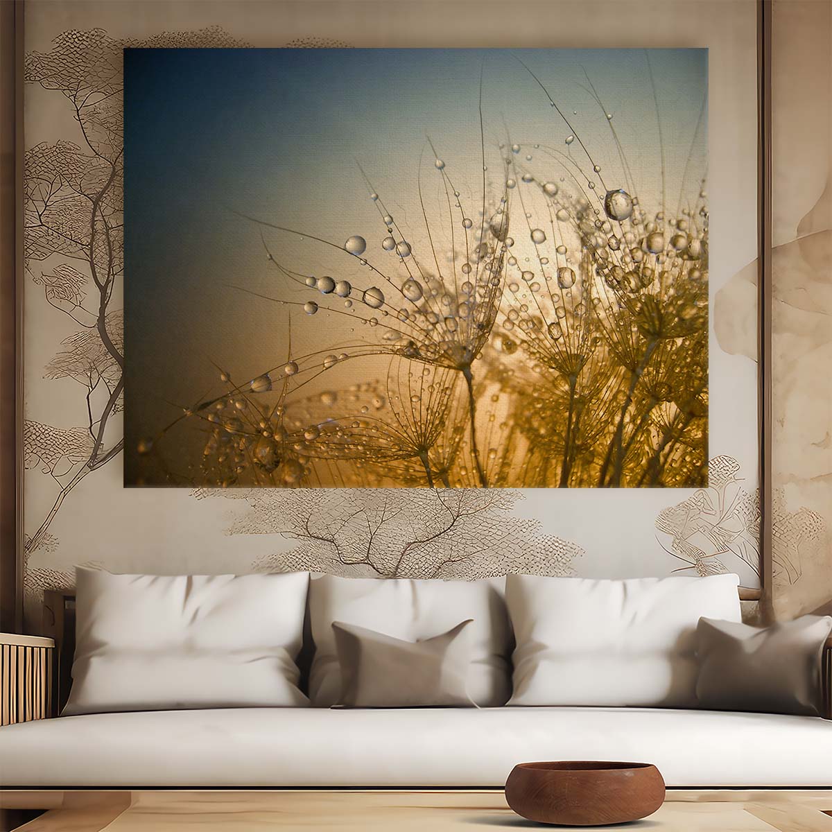 Golden Dewdrop Dandelion Macro Wall Art by Lazarov by Luxuriance Designs. Made in USA.