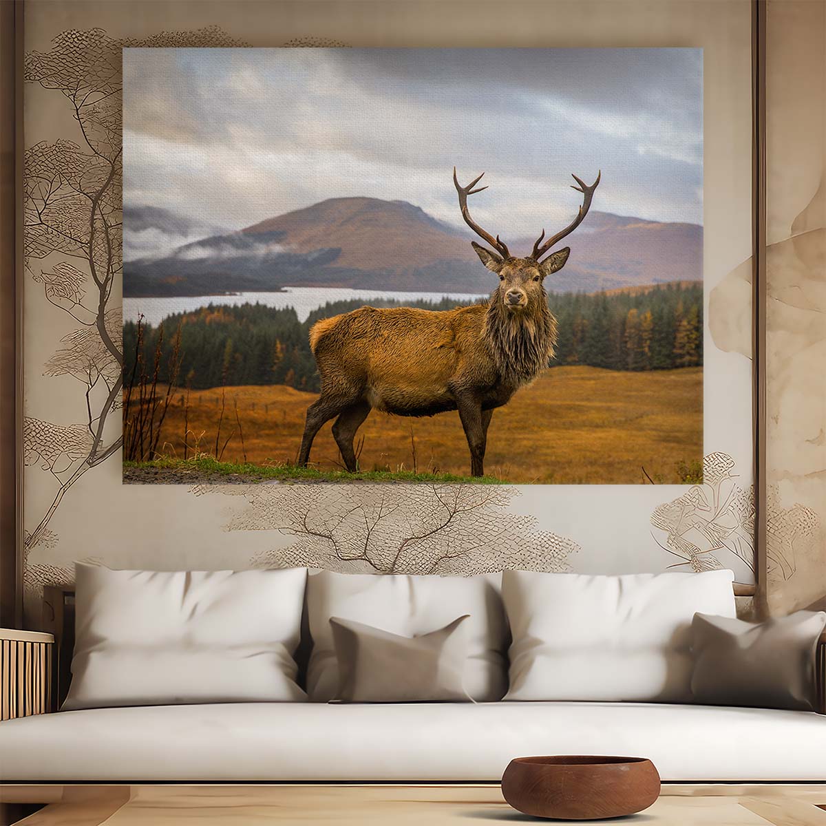Scottish Highlands Deer & Mountain Lake Landscape Photo Wall Art