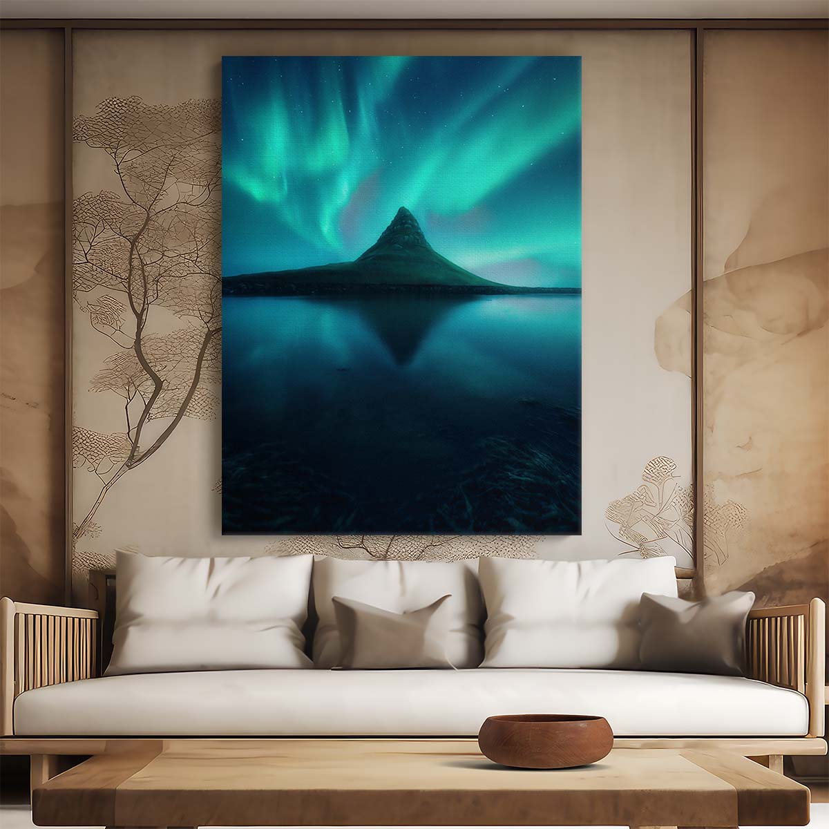 Icelandic Aurora Borealis Reflection Photography, Serene Snowy Nightscape by Luxuriance Designs, made in USA