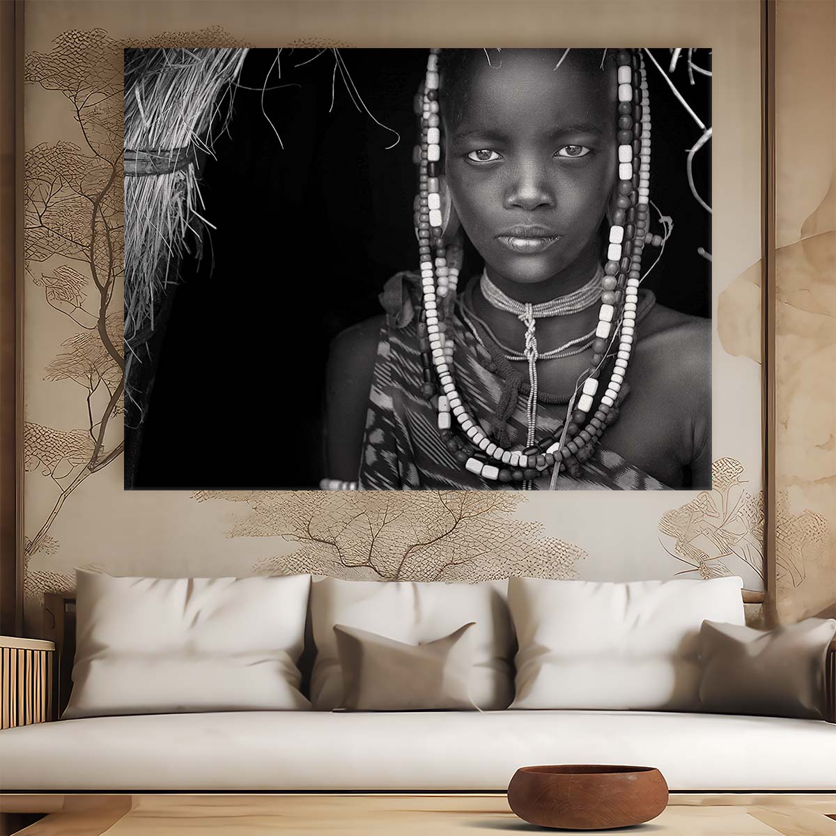 Mursi Girl Portrait in Monochrome Beads Wall Art