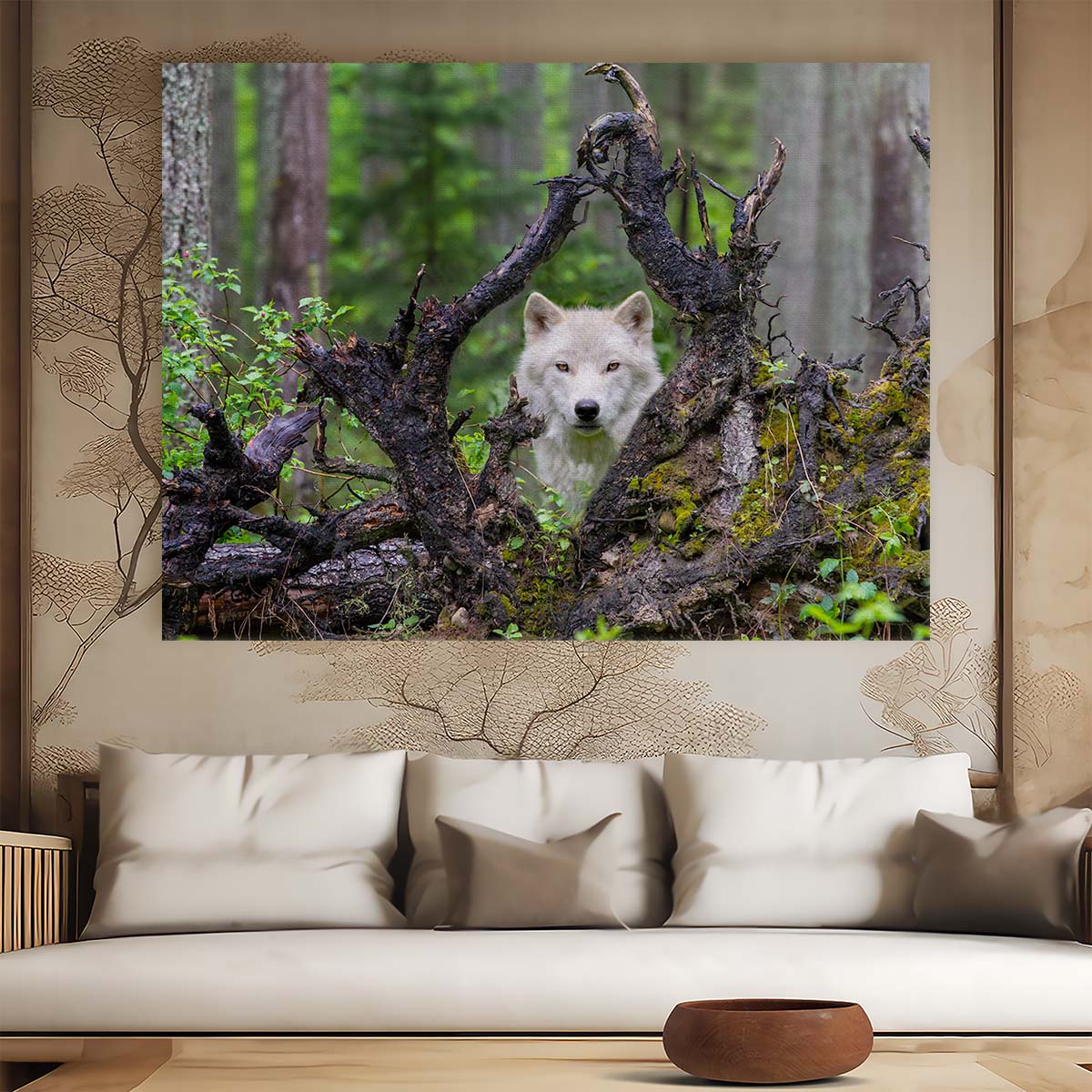 Enigmatic White Wolf in Forest Landscape Wall Art by Luxuriance Designs. Made in USA.