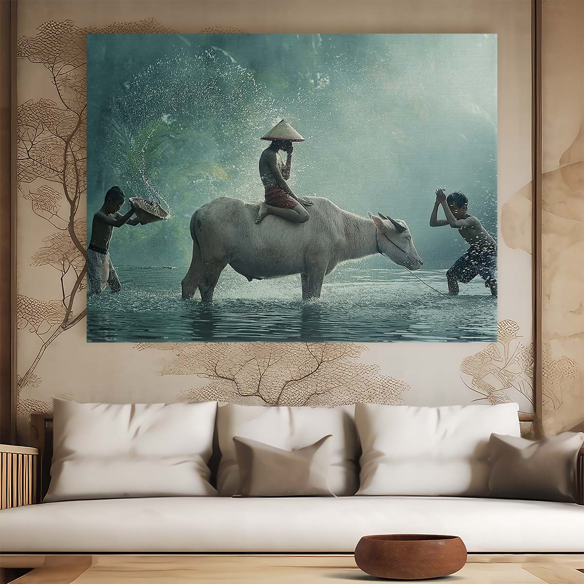 Indonesian Water Buffalo Playtime River Scene Wall Art by Luxuriance Designs. Made in USA.