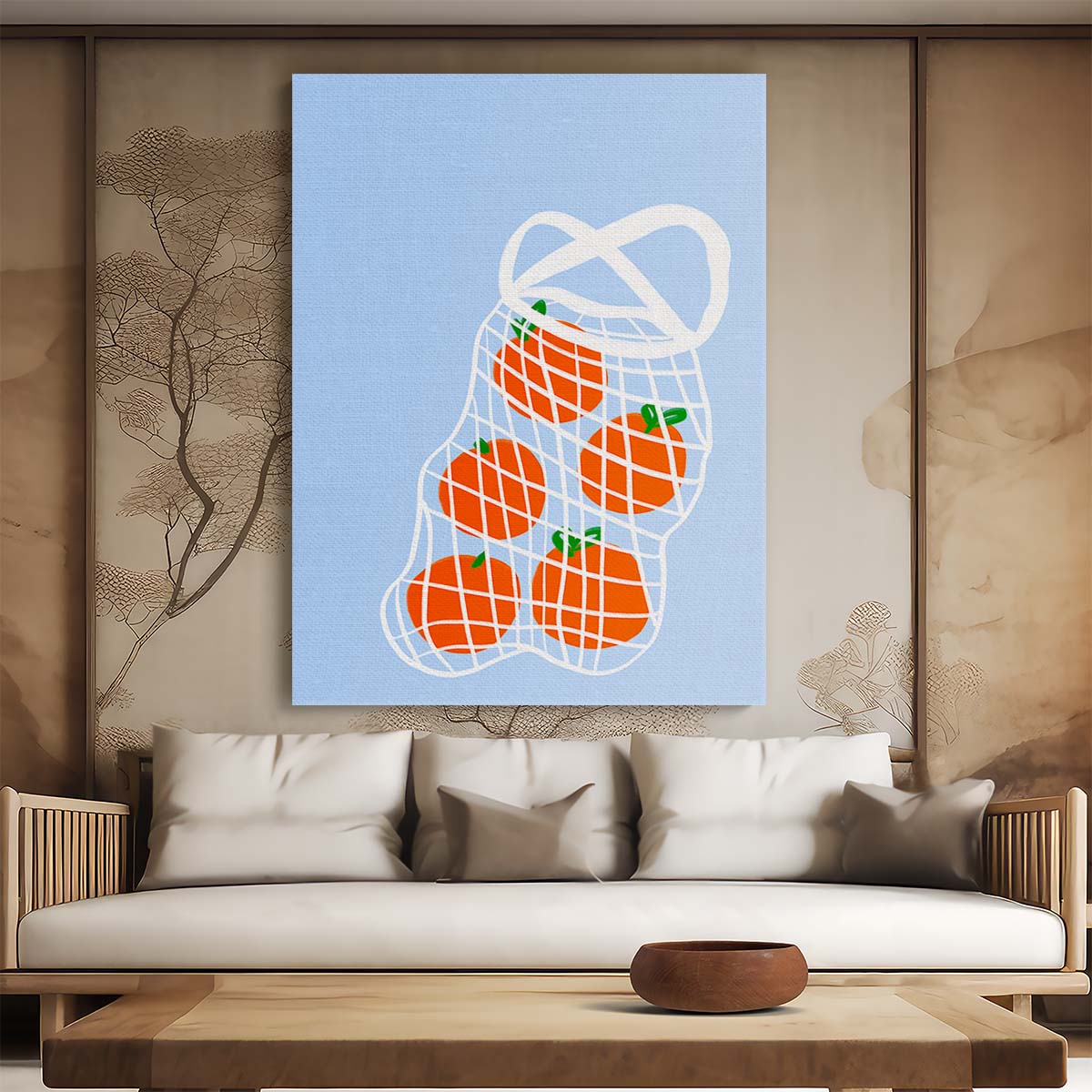 Minimalistic Orange Net Illustration - Colorful Kitchen Wall Art by Luxuriance Designs, made in USA