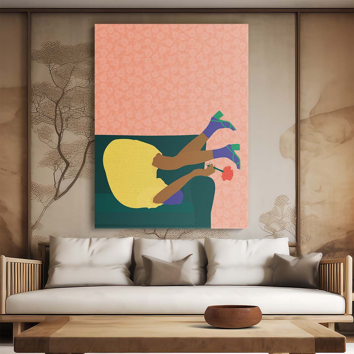 Abstract Floral Woman Illustration with Roses on Sofa Artwork by Luxuriance Designs, made in USA