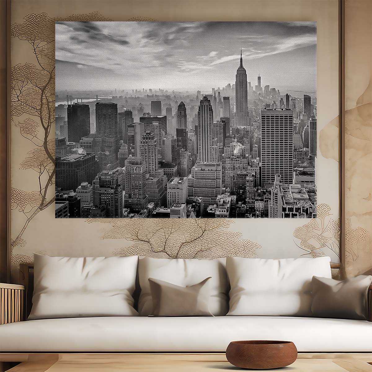NYC Foggy Skyline Monochrome Cityscape Wall Art by Luxuriance Designs. Made in USA.