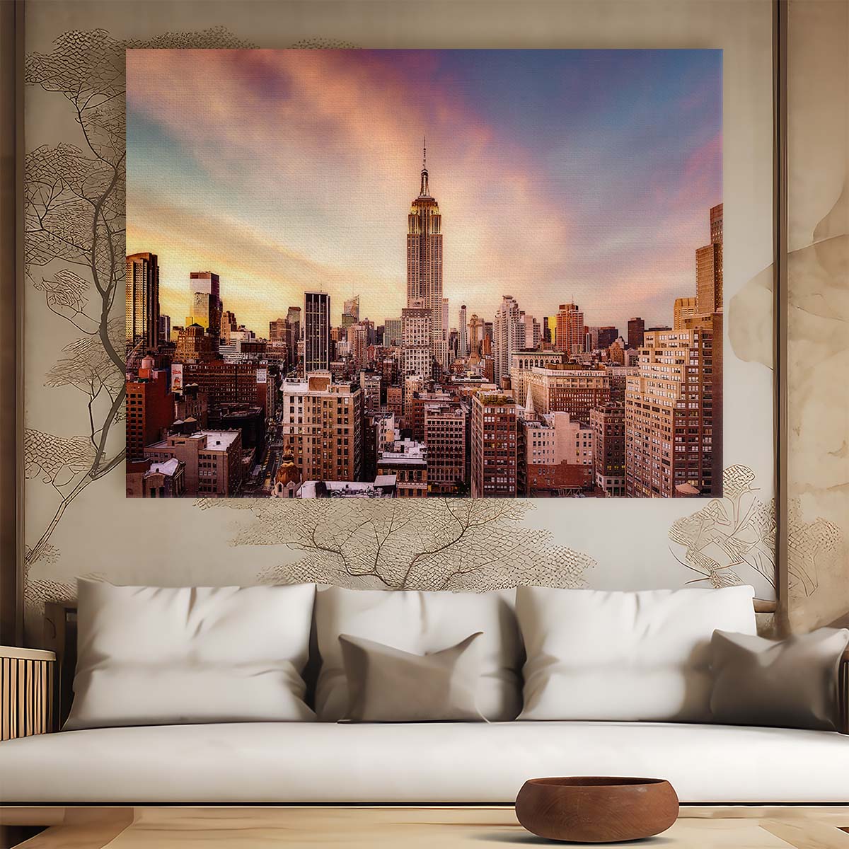 Empire State Sunset Skyline NYC Wall Art by Luxuriance Designs. Made in USA.