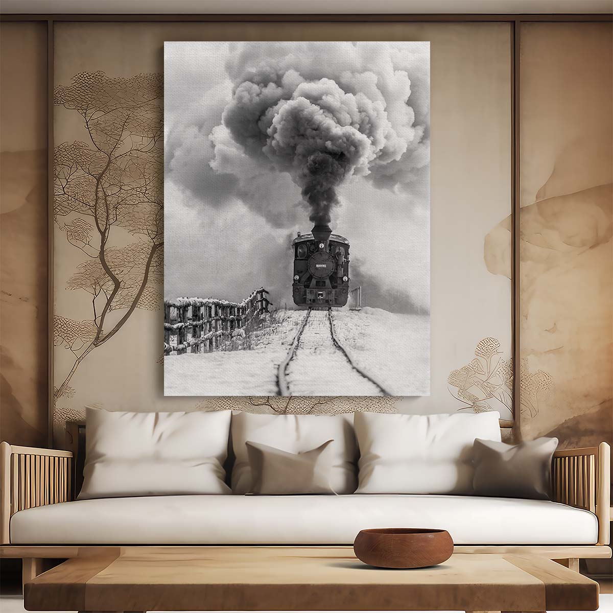 Vintage Steam Locomotive Photography in Dramatic Monochrome Winter Scene by Luxuriance Designs, made in USA