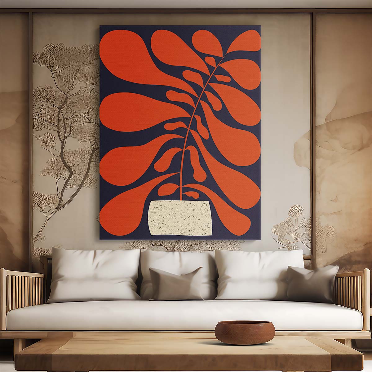 Abstract Botanical Illustration - Minimalist Orange Leaves Boho Art by Luxuriance Designs, made in USA