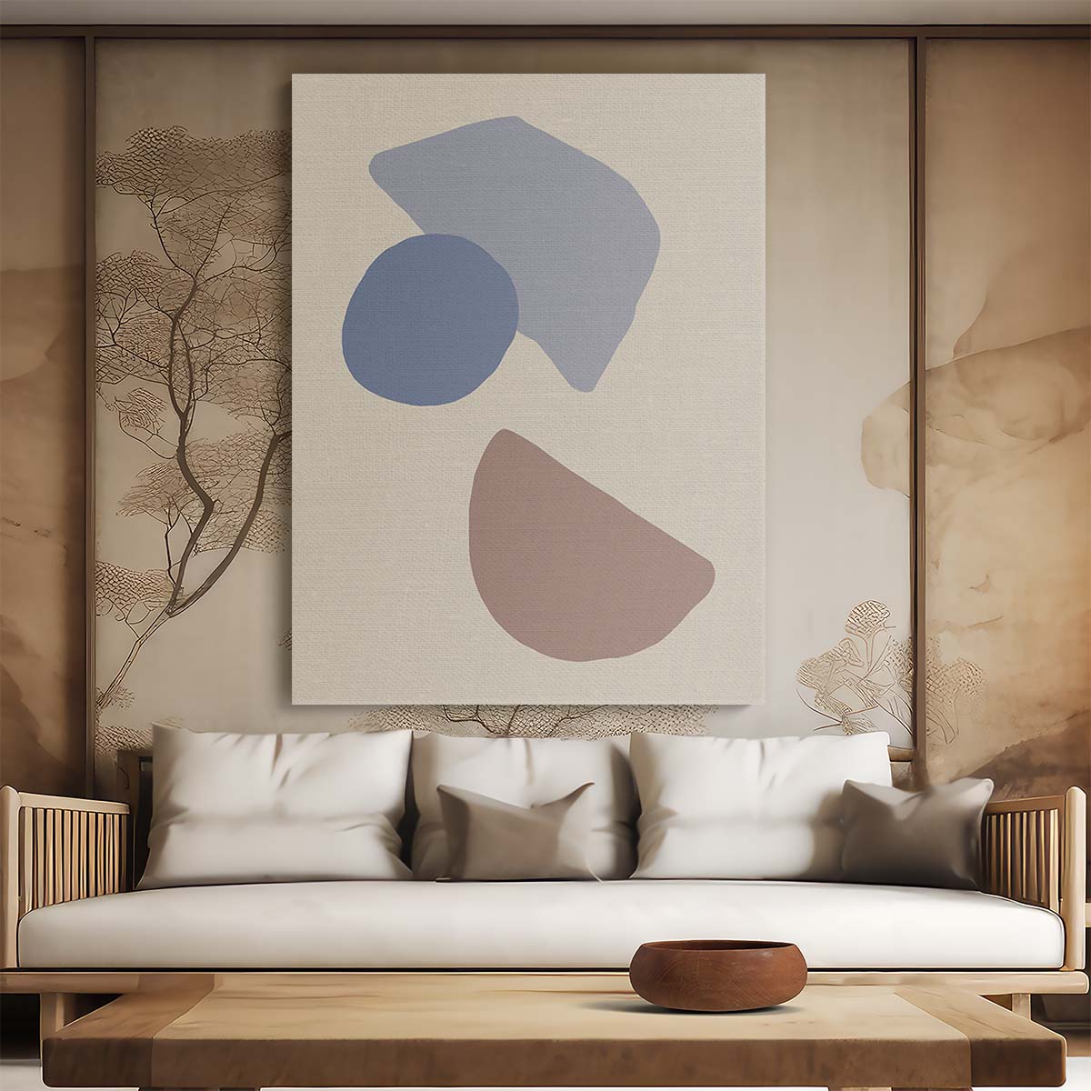 Minimalist Beige Geometric Illustration, Abstract Organic Shapes Wall Art by Luxuriance Designs, made in USA