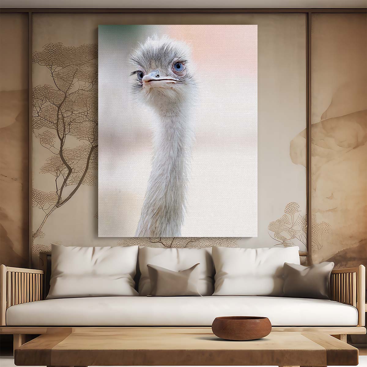 Bokeh Photography Ostrich Bird Animal Portrait with Blue Eyes by Luxuriance Designs, made in USA