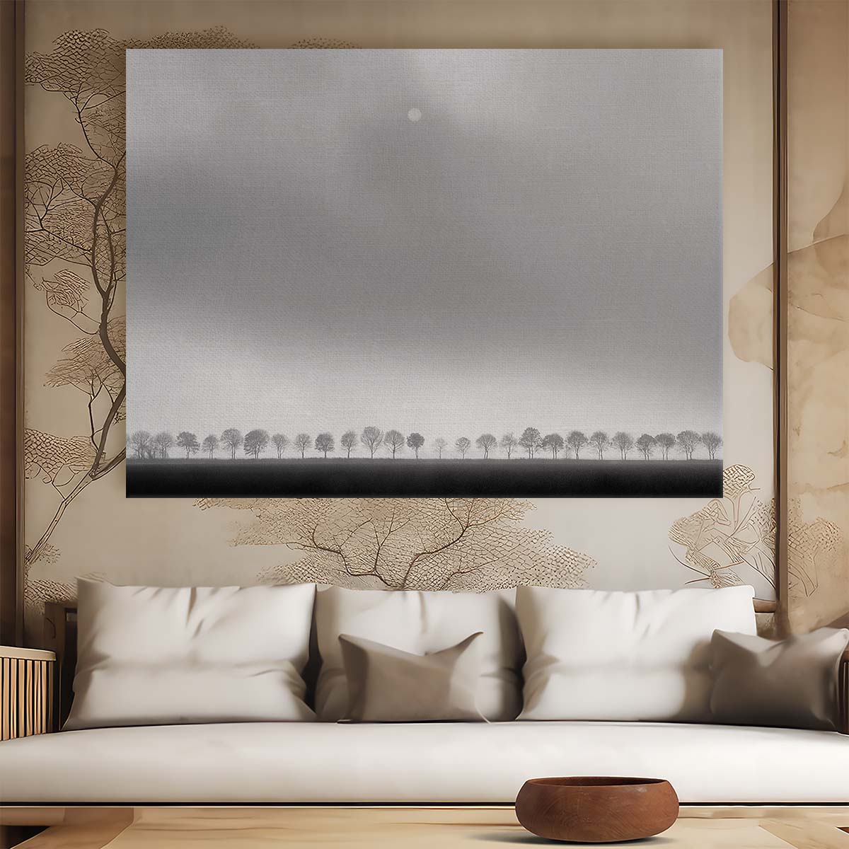 Moonlit Monochrome Tree Panorama Dutch Landscape Wall Art by Luxuriance Designs. Made in USA.