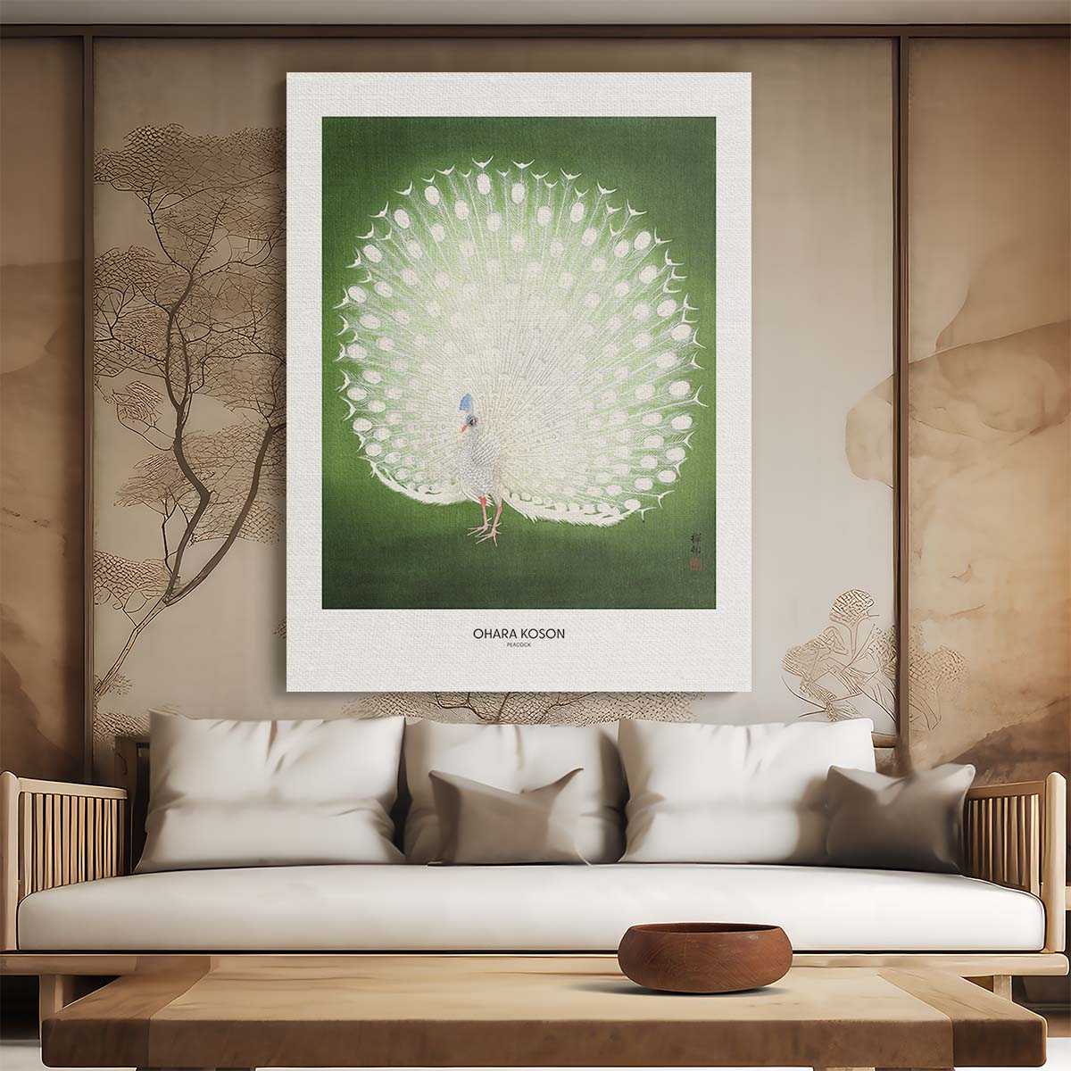 Ohara Koson's Vintage Peacock Illustration - Japandi Style Wall Art by Luxuriance Designs, made in USA