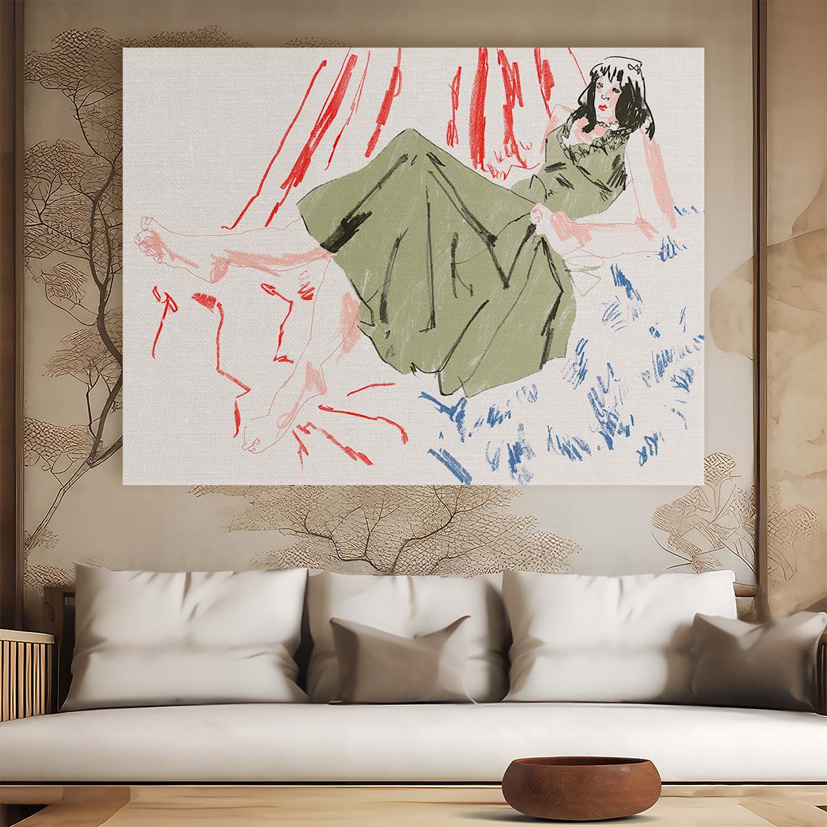 Elegant Woman in Green Dress Pencil Portrait Wall Art by Luxuriance Designs. Made in USA.