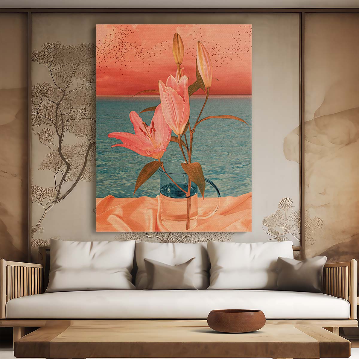 Floral Surrealism Pink Flowers with Bird in Vase Photography Art by Luxuriance Designs, made in USA